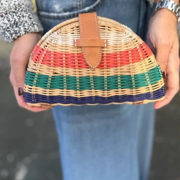 J. Crew Woven Half-Moon Straw Clutch in Tan, Coral, Teal, Navy - Picture 15 of 15